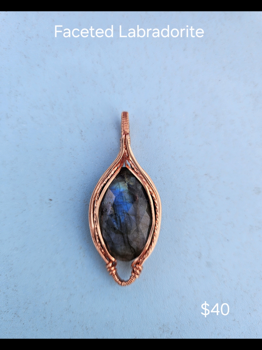 Hand Crafted Copper-Wrapped Labradorite Pendant — Blue and Gray Flash